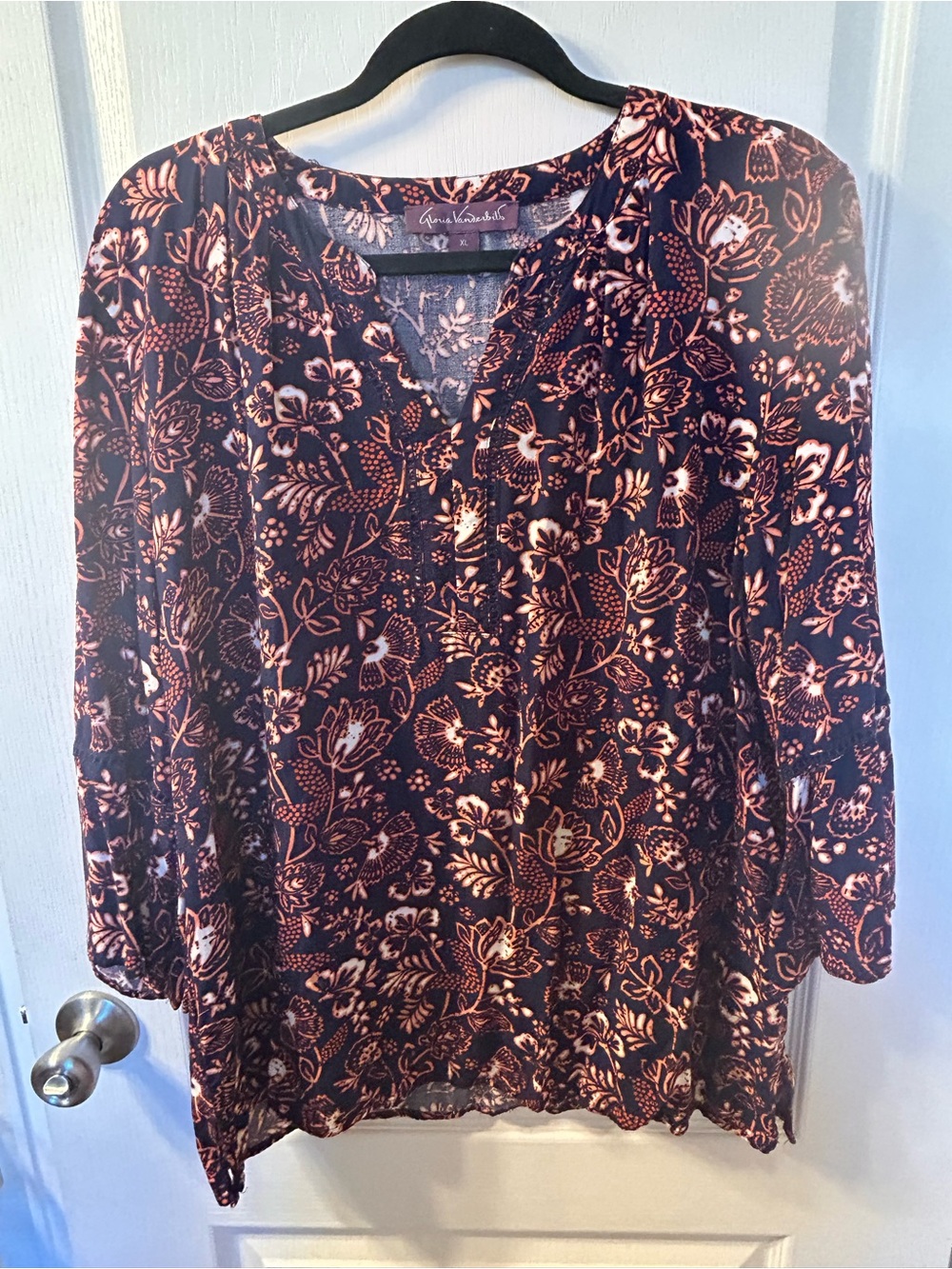 Gloria Vanderbilt Navy Blouse with Pink Floral Print